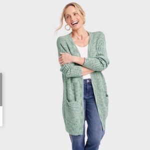 Knox Rose Open Front Cardigan Sweater Green Marled Knit Long Casual Women’s M